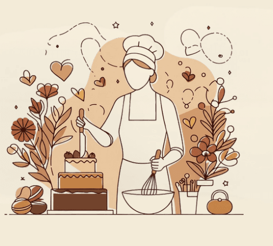 Illustration d'une pâtissière confectionnant un gâteau
